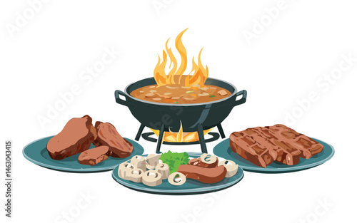 barbecue grill vector illustration with meat and mushroom
