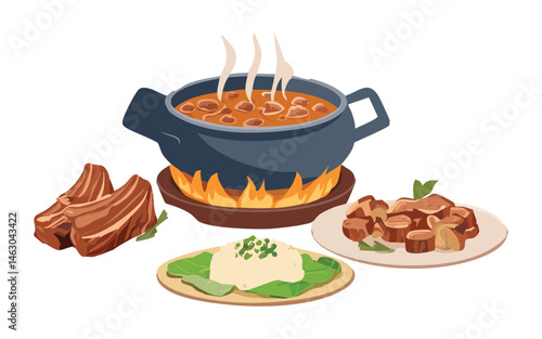 vector illustration of cooking hotpot with set of meat dish menu - vector illustration