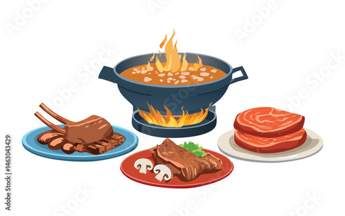Marinated lamb chops and barbecue ribs grilled with mushroom hotpot - vector illustration