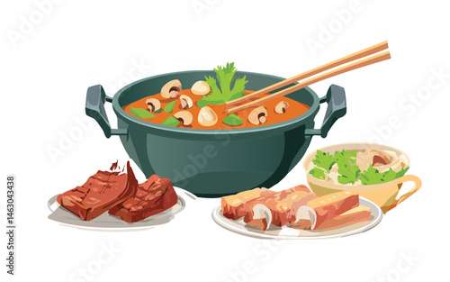 lamb chops grilled and mushroom hotpot in a clay pot and vegetables - vector illustration