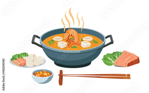 Grilled Shrimp in Hotplate Pan with Tofu and Vegetables - Vector Illustration