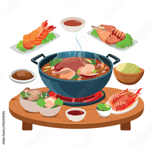 Seafood Hotpot Set with Shrimp, Clams, Crab, and Vegetables on a Serving Board - Vector Illustration