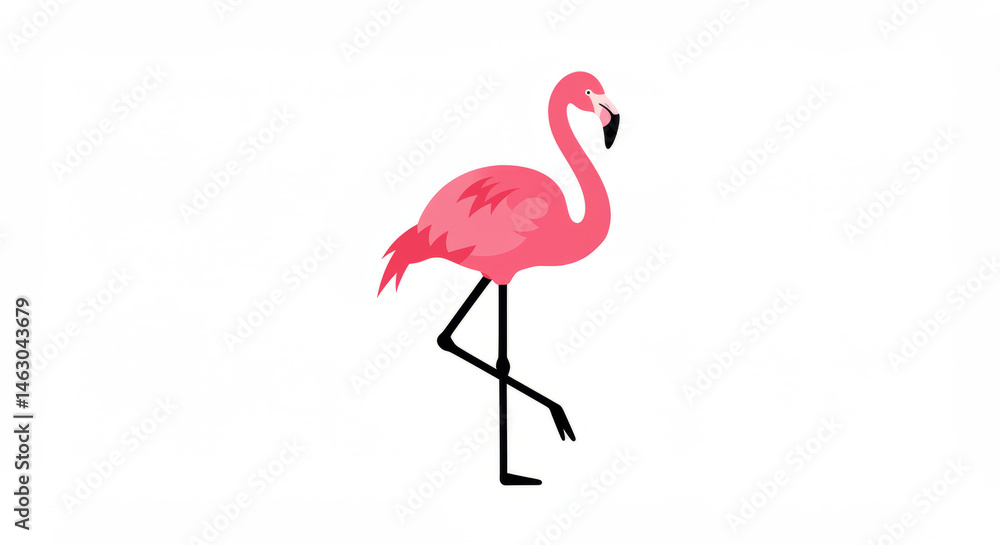 Obraz premium Elegant pink flamingo standing on one leg against a white background vector illustration perfect for summer designs and tropical themes