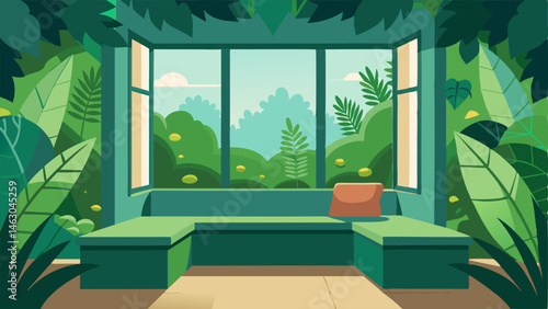 A sitting area with a builtin window seat surrounded by lush greenery and natural light pouring in.