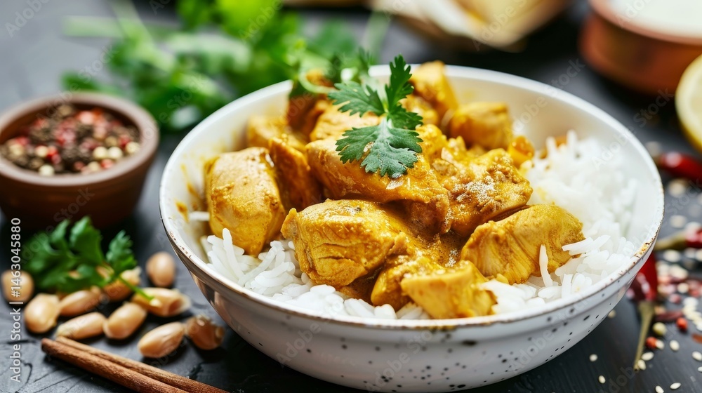 A vibrant bowl of spiced curry chicken paired with fluffy rice captures the essence of classic Indian cuisine. A vibrant bowl of spiced curry chicken paired with fluffy rice captures the essence of classic Indian cuisine.