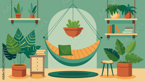 A reading nook with a hammock chair suspended from the ceiling and a collection of hanging plants creating a green canopy.