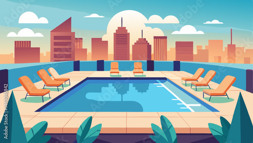 A rooftop pool with loungers offering a panoramic view of the city.