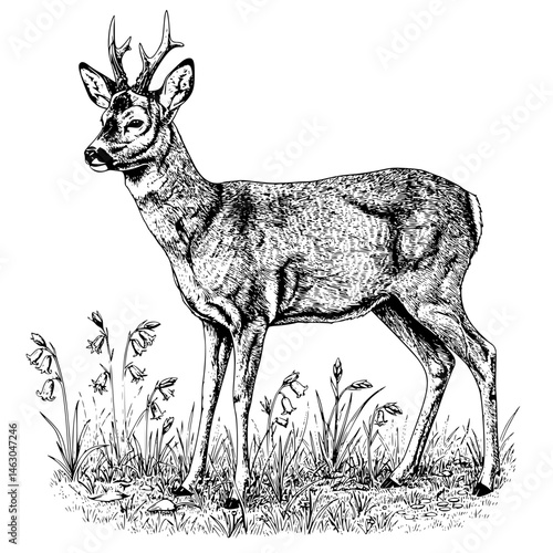 Detailed European Roe Deer standing in a meadow surrounded by wildflowers Line Icon - Simple Vector Outline in minimalistic black and white design 