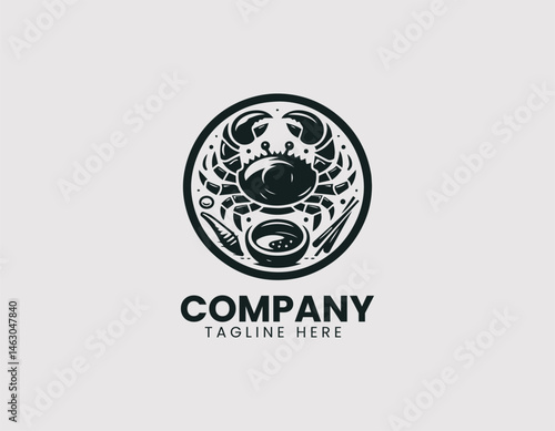 Flat vector logo of cooked crab on a plate with sauce and spices. Cartoon food illustration for gourmet seafood menus and restaurant branding.