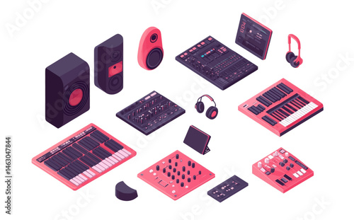 A musician's workspace is shown from an overhead perspective, equipped with modern tools and icons for music creation in flat design