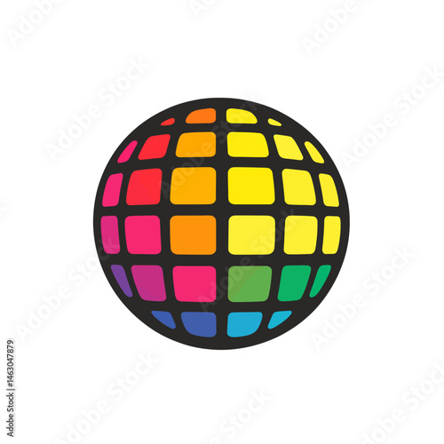 Disco equipment, such as a disco ball, incorporates mirrored and colored elements that reflect light, and is often used as a retro decorative element, illustrated here as a flat icon with an outline