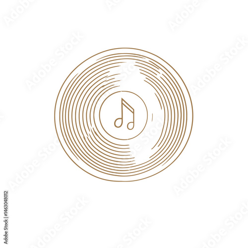 On a dark background, a gold-colored icon showcases a disc jockey player, accompanied by representations of gramophone, vinyl record, dj, and retro radio