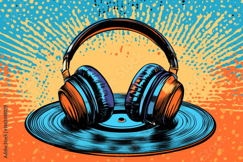 On a record, a pair of modern DJ headphones with a flat design is depicted in vivid colors and with precise geometric shapes