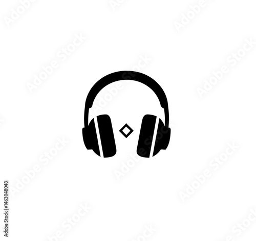 The illustration is modern and depicts a black silhouette of headphones isolated on a white background