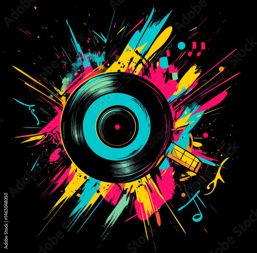 This sticker design boasts a modern-style record silhouette in vibrant neon colors with flat colors, positioned against an abstract grunge background, giving it a bold and rebellious look