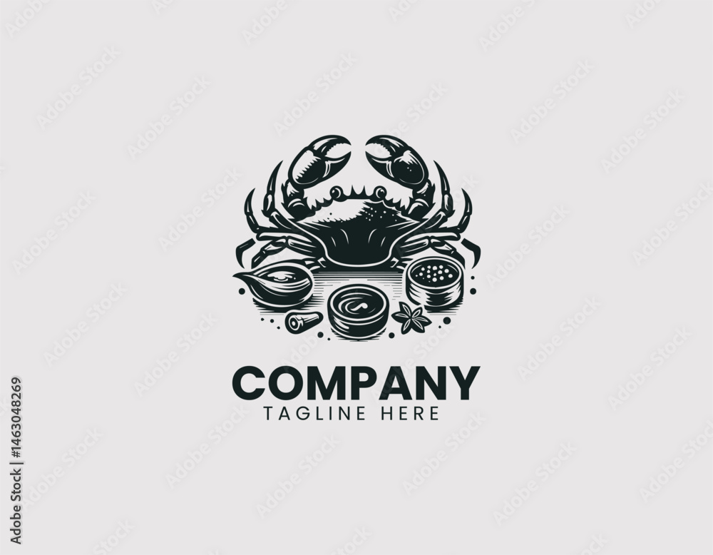 Fototapeta premium Cooked crab on a plate with dipping sauce and spice garnish. Flat vector logo illustration for seafood culinary branding and restaurant design.