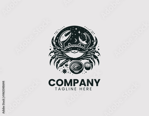 Vector logo illustration of cooked crab served on a plate with dipping sauce and spices. Flat cartoon food design for seafood restaurant branding and gourmet culinary visuals.