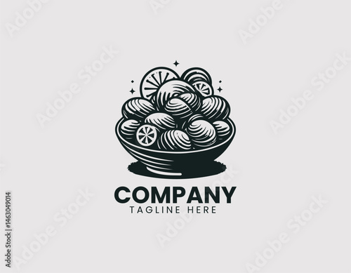 Flat vector logo of steamed clams with lemon slices on a plate. Colorful cartoon food illustration for seafood culinary branding and digital menu designs.