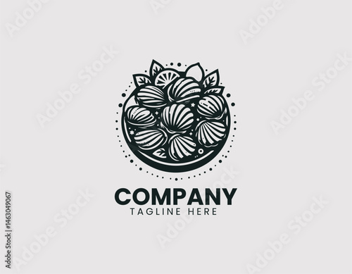 Flat vector logo of steamed clams with lemon slices on a plate. Colorful cartoon food illustration for seafood culinary branding and digital menu designs.