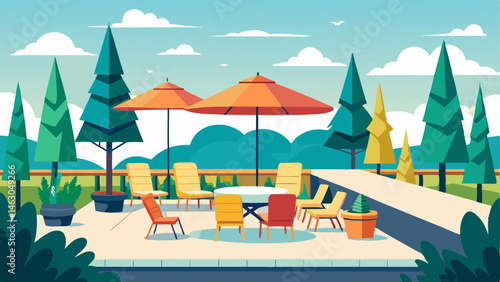 A rooftop deck with a variety of seating areas surrounded by potted plants and towering trees.