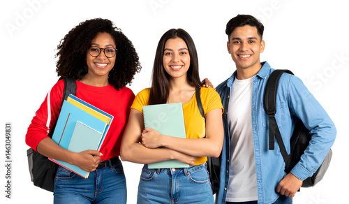 3 college students posing for a photo, transparent background, PNG