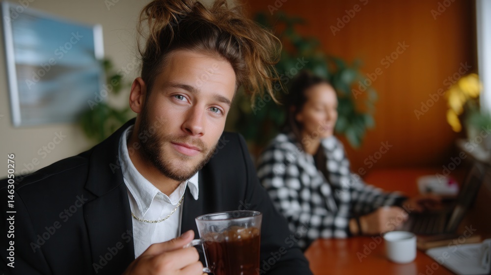 Young man with stylish hair and beard enjoying hot beverage in cozy café setting with woman in background Young man with stylish hair and beard enjoying hot beverage in cozy café setting with woman in background