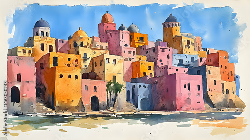 Vibrant coastal town watercolor painting