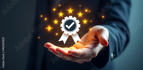Quality Assurance: A hand cradles a badge, representing quality and reliability, radiating a soft glow of achievement. Emphasizing trust and excellence in a corporate context. 