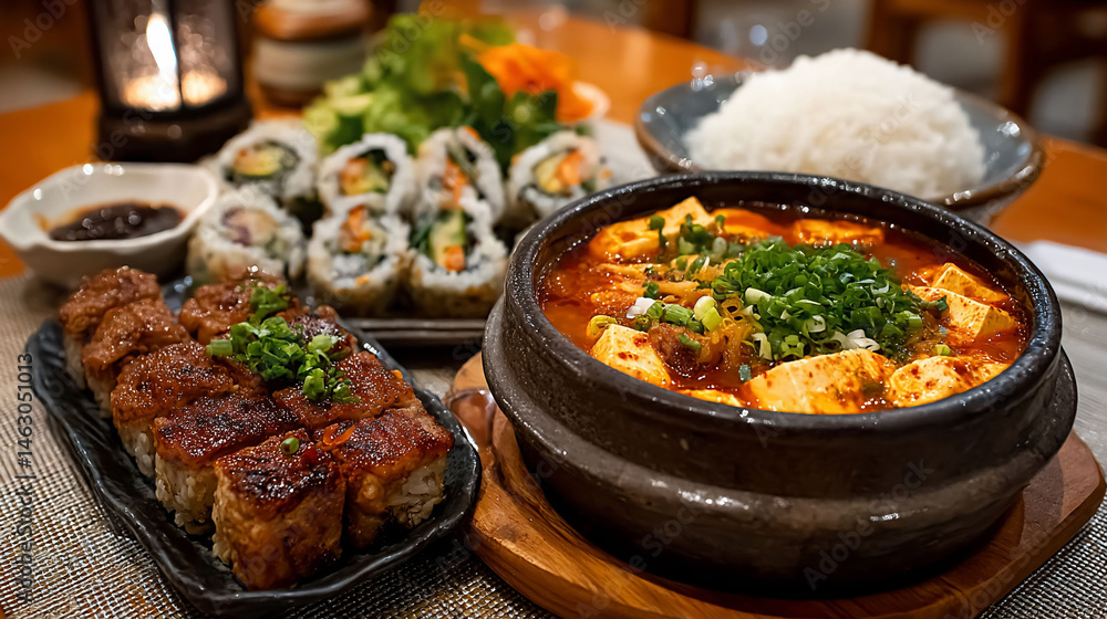 A delicious Korean meal featuring maki sushi, stew with tofu, and a side of white rice A delicious Korean meal featuring maki sushi, stew with tofu, and a side of white rice