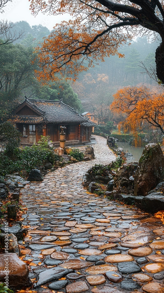 Obraz premium Walking Stone Path to Traditional Japanese House with Autumn Foliage