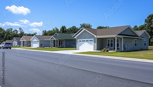 Fototapeta Naklejka Na Ścianę i Meble -  Row of light gray homes with attached garages, lined up along a paved road.  Landscaped yards with grassy areas.  Clear blue sky with some white clouds