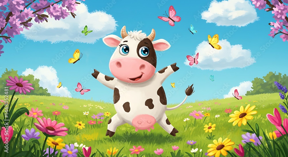 Fototapeta premium Happy Cow Cartoon Dancing in Flower Field with Butterflies