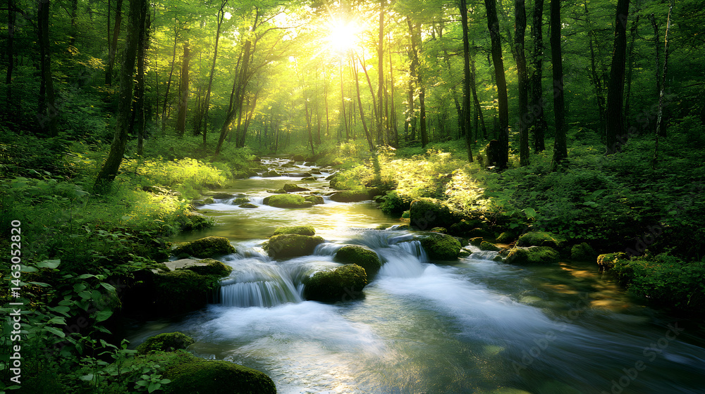 Fototapeta premium Nature's Refreshing Quench: A Stream's Inviting Dance in Tranquil Forest