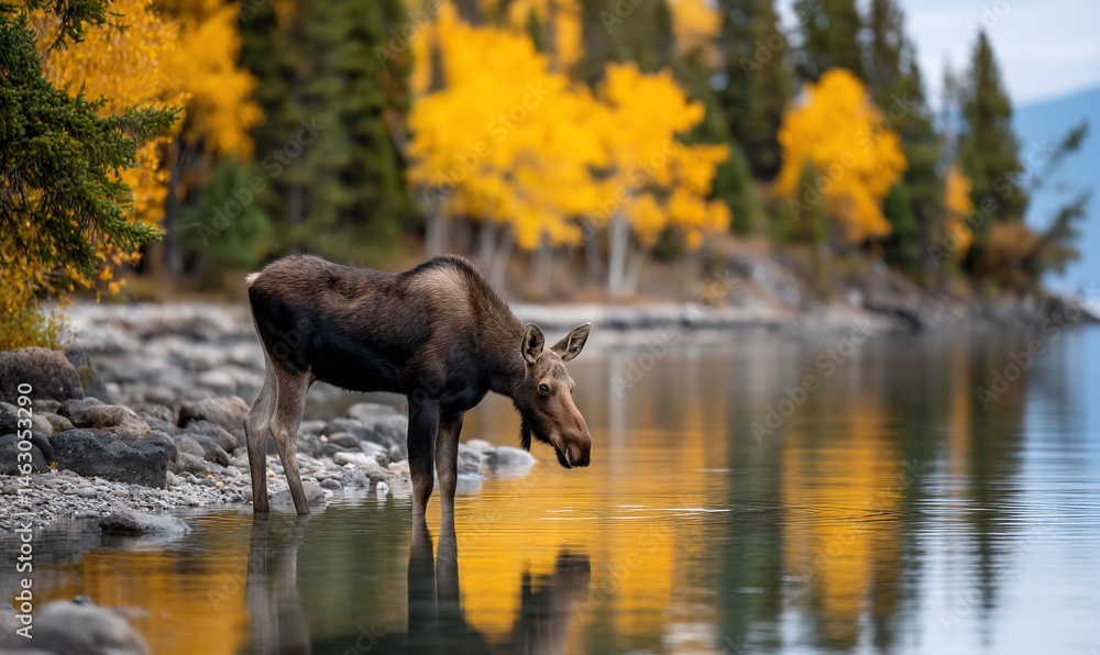 Fototapeta premium A majestic moose stands in calm water, reflecting the golden autumn trees and sky