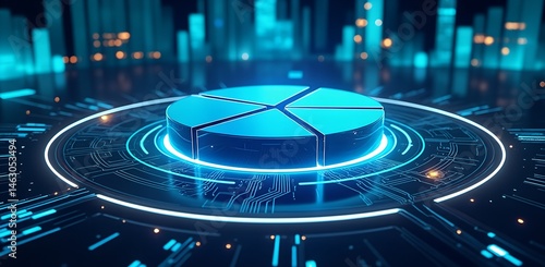Cybernetic Pie Chart: A futuristic 3D rendering of a glowing blue pie chart on a technological platform, symbolizing data analysis and digital innovation in a vibrant, abstract setting.