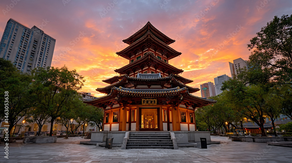 Obraz premium A multi-tiered wooden building under sunset in urban landscape