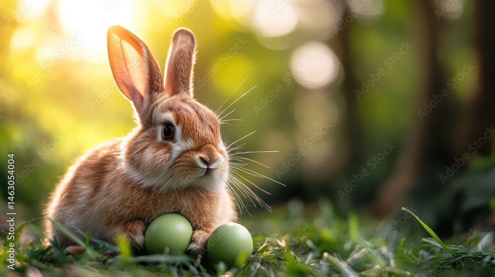 A charming rabbit lies among the grass, gently cradling two green eggs, set against a warm, sunlit backdrop, capturing a delightful springtime moment in nature. A charming rabbit lies among the grass, gently cradling two green eggs, set against a warm, sunlit backdrop, capturing a delightful springtime moment in nature.