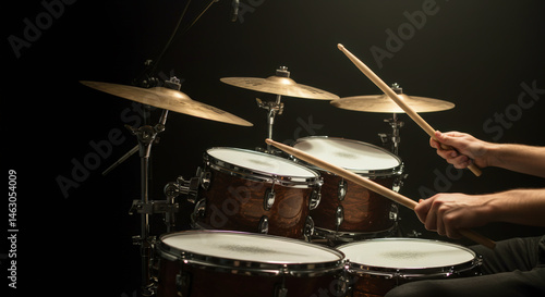 Drummer playing drums with sticks against a dark background  