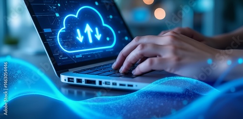 Cloud Computing with Hands: A person's hands working diligently on a laptop, the digital cloud concept, representing connectivity and modern technology.