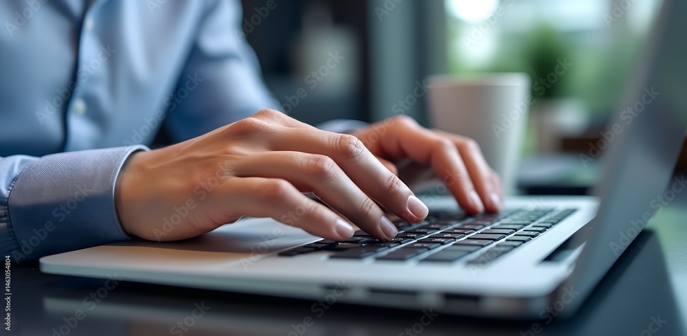 Focused Work: Hands typing on laptop, capturing the dedication and focused intensity of the task. Focused Work: Hands typing on laptop, capturing the dedication and focused intensity of the task.
