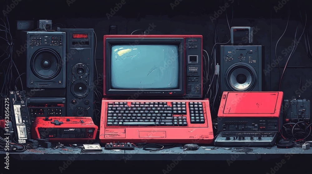 Obraz premium Retro tech setup. Vintage computers and audio equipment