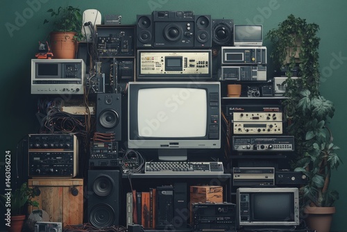 Retro technology collection on a wooden shelf