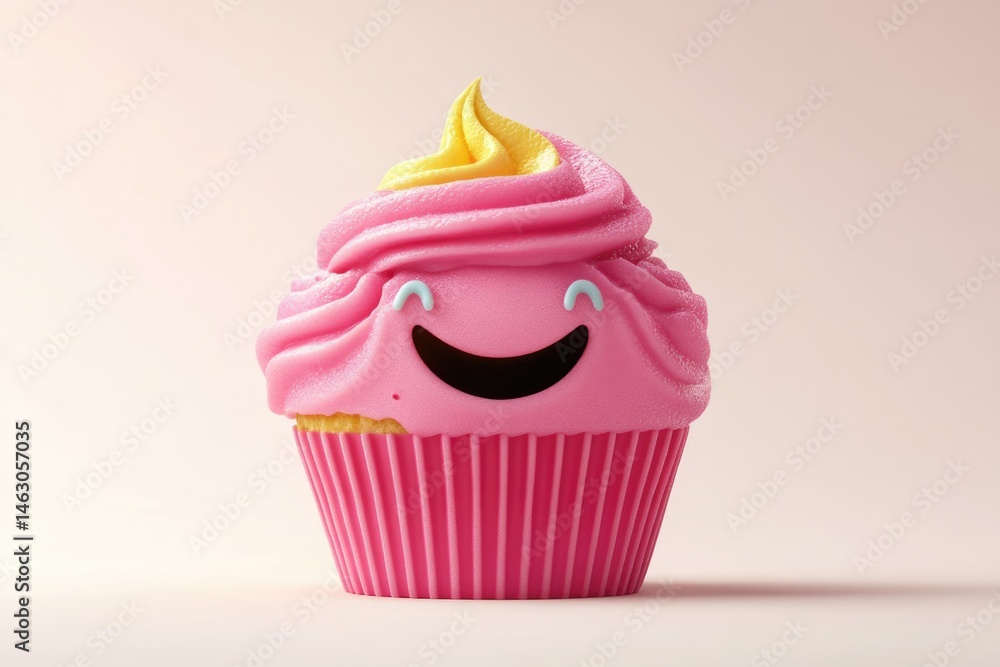 A whimsical cupcake with pink frosting, a yellow swirl, and a charming smiley face against a soft pink background. A whimsical cupcake with pink frosting, a yellow swirl, and a charming smiley face against a soft pink background.