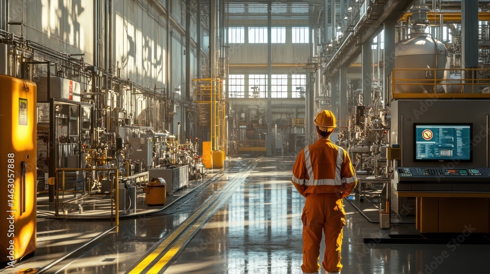 Industrial Facility Worker Observing Advanced Machinery and Control Systems Industrial Facility Worker Observing Advanced Machinery and Control Systems