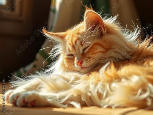 A cat is sleeping on a wooden floor. The cat is orange and white. The cat is curled up and has its eyes closed