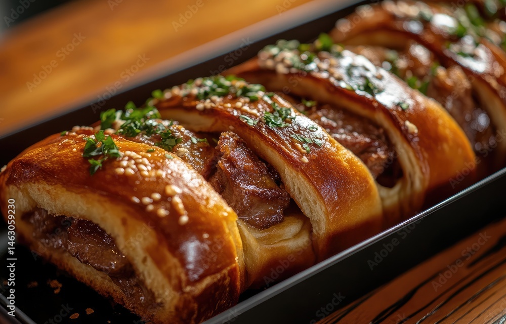 Fototapeta premium Golden-brown brioche braided with crust, filled with meat and glazed like an empanada. Close-up on black tray, natural light highlights textures. Sliced to reveal savory filling, rustic yet elegant.