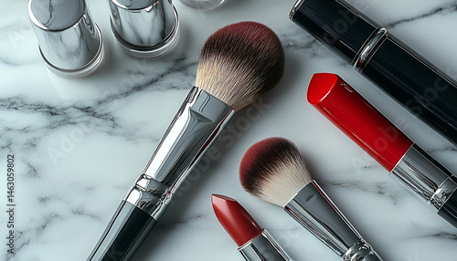 Silver Makeup Brushes and Red Lipsticks on Marble