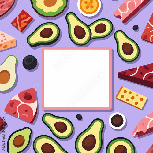Keto Diet Food Frame_Avocado_Cheese_Meat_Healthy Eating_Low Carb Lifestyle_Blank White Space for Text or Recipe_Purple Background_High Fat Food_Nutrition Information