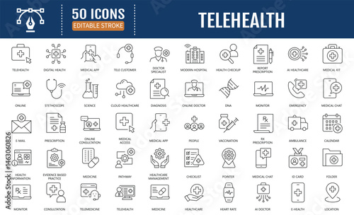 Telehealth line editable icon set. Containing telehealth,
virtual consultation, online doctor, remote healthcare,
medical app, smart hospital and more. Vector Illustration