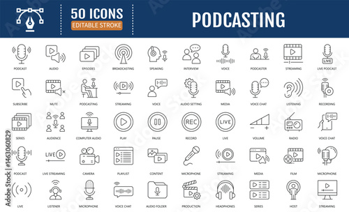 Podcast line editable icon set. Containing Podcast,
Broadcasting, sound, studio, microphone, Microphone,
Conversation, Podcaster and more. Vector illustration